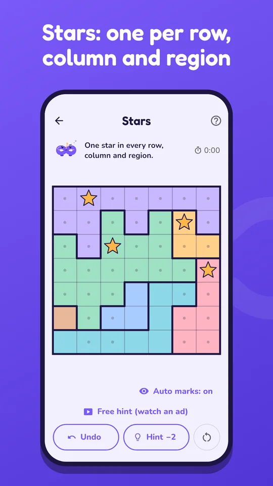 Stars: coloured board with one star per row, column and region