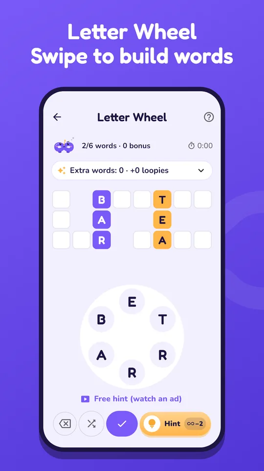 Screenshot of Letter Wheel in the Loopita app. Spin the letters and build words.