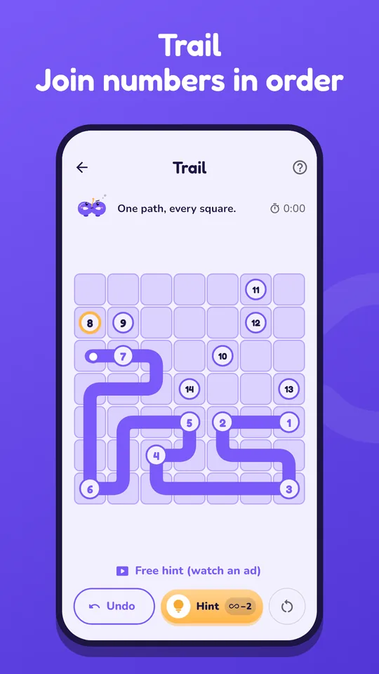 Screenshot of Trail in the Loopita app. Join the numbers in order and cover every square.
