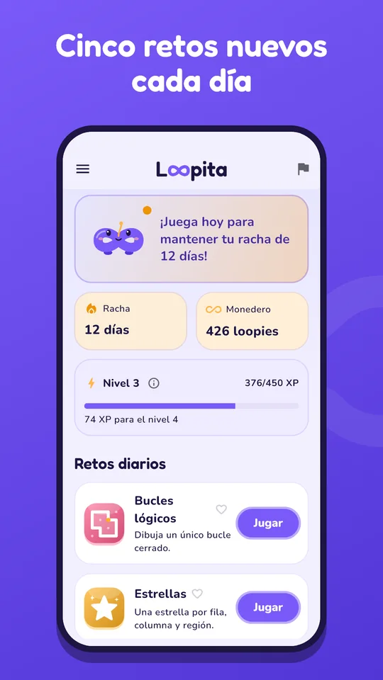 Pantalla principal de Loopita con la racha, el nivel y los retos de hoy
