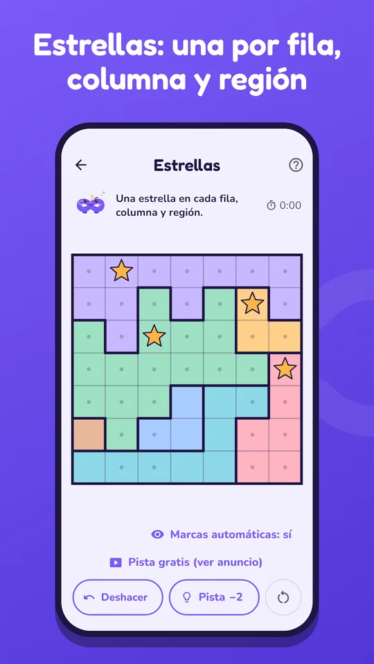 Estrellas: tablero de colores con una estrella por fila, columna y región