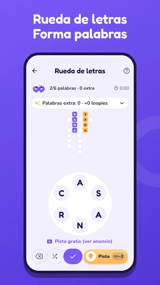 Captura de pantalla de Rueda de letras en la app de Loopita. Gira las letras y forma palabras.