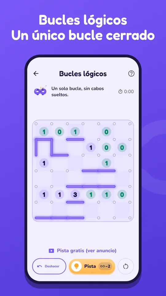 Captura de pantalla de Bucles lógicos en la app de Loopita. Dibuja un único bucle cerrado.