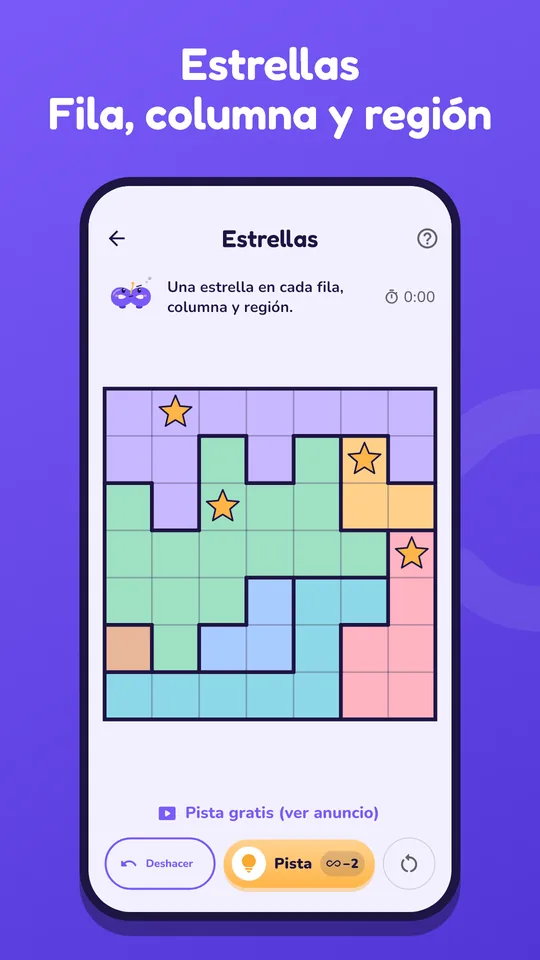 Captura de pantalla de Estrellas en la app de Loopita. Una estrella por fila, columna y región.