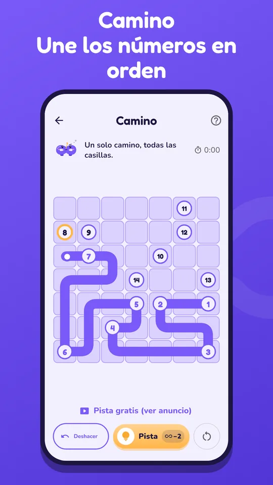 Captura de pantalla de Camino en la app de Loopita. Une los números en orden y pasa por todas las casillas.