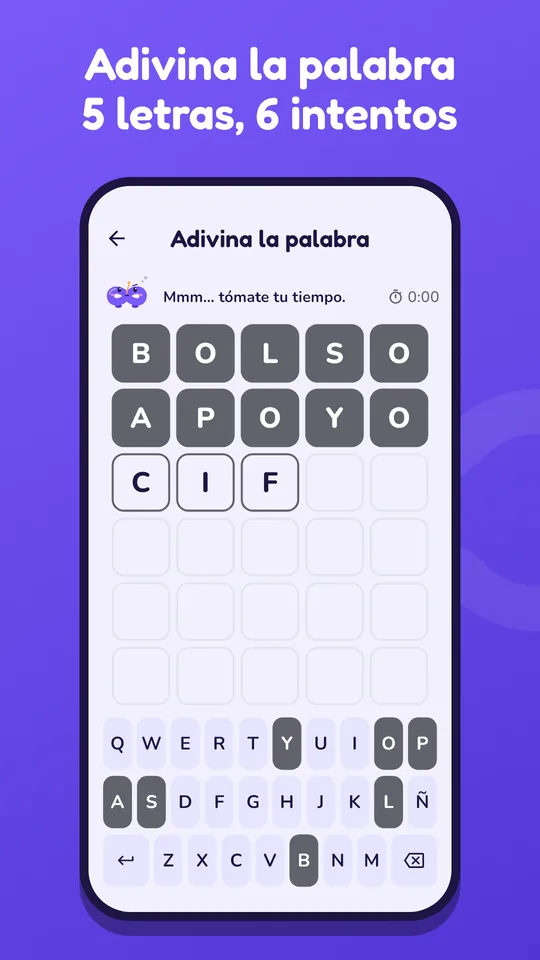 Captura de pantalla de Adivina la palabra en la app de Loopita. Encuentra la palabra de 5 letras en 6 intentos.